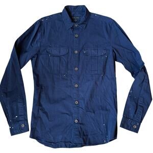 NWT Zara Man Splatter Paint Navy Blue Slim Fit Casual Button Down Shirt